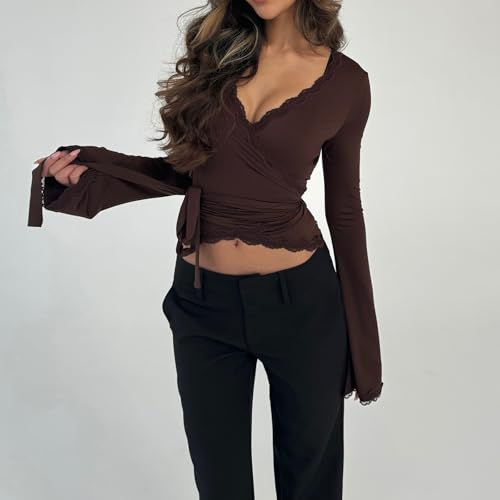 Womens Y2k Lace Sheer Mesh Crop Tops Long Sleeve Deep V Neck Cross Wrap Blouses Slim Fit Fairy Coquette T-Shirts3