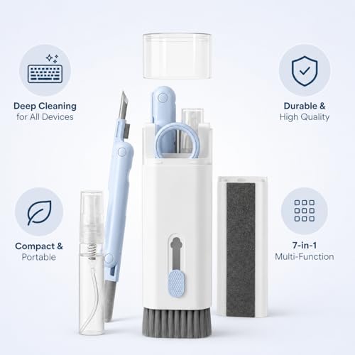 Image of 7-in-1 Electronic Cleaner Kit with Brush for Gadgets, Keyboards, Cameras | Multifunctional Laptops and Screens Cleaning Tools | Portable and Durable Electronic Cleaning Set - White & Blue