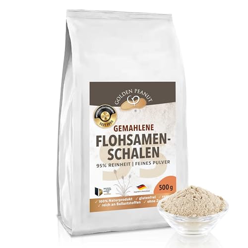 GOLDEN PEANUT Cáscaras de semillas de psyllium en polvo 95% 2 x 500 g, harina de psyllium, producto premium, sin gluten, rico en fibra dietética para cocinar, hornear