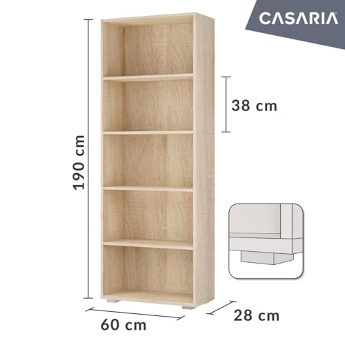 CASARIA® Estantería Vela 190x60x28cm 5 Estantes Abiertos Altura Regulable Estable Duradero Librería Biblioteca Mueble Organizador Oficina Habitación Roble - imagen 3