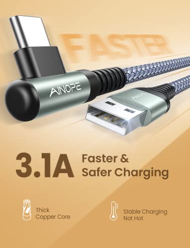 Image of AINOPE USB A to USB C Cable 3.1A 2Pack 6.6FT Right Angle Nylon Type C Cable