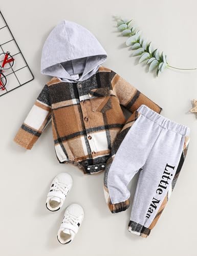 Fuermos Newborn Baby Boy Clothes Plaid Button Long Sleeve Hoodie Romper+ Mama's Boy Pants Fall Winter Outfits Set2