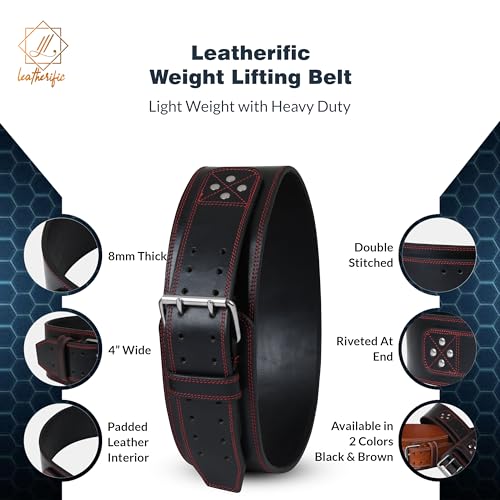 Leatherific,Genuine Leather Weight Lifting Belt,8 mm Thick, 4" Wide,Heavy duty, Padded, Steel Buckle,For Bodybuilding, Cross Training, Lumbar Support (XXL(Fits 45"-50"), Metal Black) by Leatherific - Used condition - Image 7
