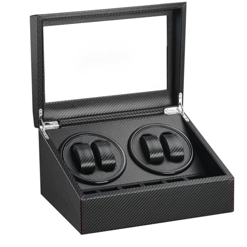 Remontoir Automatique pour Montre Boîtier de Montre en Cuir synthétique avec Moteur Silencieux Fonctionne sur Piles ou Bloc d'alimentation pour Montres automatiques(Faser aus Kohlenstoff)