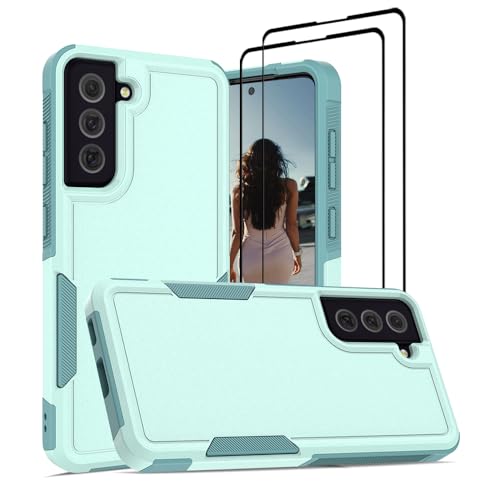 Jeylly for Samsung Galaxy S21 FE Case, with 9H Tempered Glass Screen Protector [2 Pack], Shockproof Hybrid Full Body Protective Phone Case for Samsung Galaxy S21 FE, Mint Green