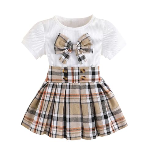 Girls Dress Set 2 Piece Ribbed Knit Crop Top and Plaid Pleated Skirt Preppy Dress Tartan A Line Skirt School Uniform Outfits