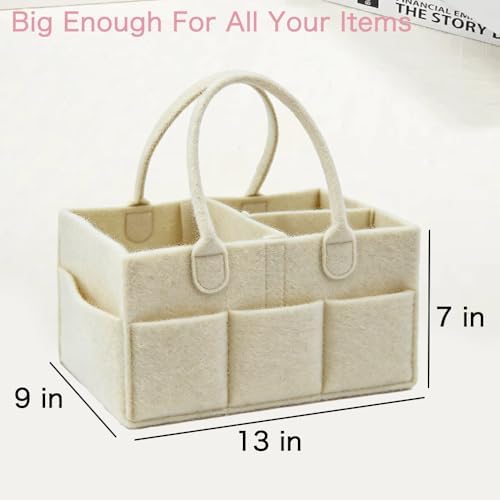 Diaper Caddy Organizer, Nursery Storage Bin Basket with Handle, Felt Diaper Organizer Suitable for Indoor Outdoor, White - 1