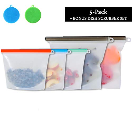 Silicone Bags Reusable, Silicone Food Storage Bag | BPA Free, Heat-Proof& Leak-Proof: 3 Medium + 2 Large Silicone Reusable Food Bag | Reusable Silicone Food Bag, Silicone Bags, Silicone Ziploc Bags