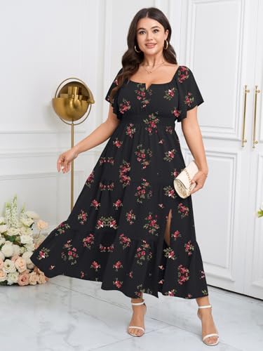 Image of SCOMCHIC Womens Plus Size Maxi Dress Formal Short Sleeve Square Neck Smocked Side Split Flowy A Line Tiered Long Dress