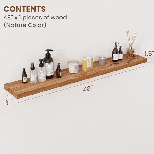 Image of Floating Shelves for Wall Decor, 8 inch Deep Rustic Solid Elm Wood Floating Shelves Wall Mounted, Wall Shelves with Invisible Bracket for Living Room Bathroom Bedroom Kitchen, 48 Inch Set of 1, Natural