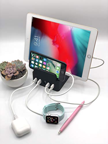 Power Hub Plus Charging Station - Charge Up to 7 Devices Using Only One Wall Outlet | Black Silicone Won't Scratch Device | Attractive Dependable Table Charging | No Set of Short Cords