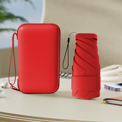 Windproof Mini Travel Folding Umbrella - UPF 50+ Sun & Rain Protection, Small Compact Lightweight Design Fits in Pocket or Bag, Eco-Friendly Fabric Wallet Umbrella for Commuter, Men Women Boys Girls （Red）