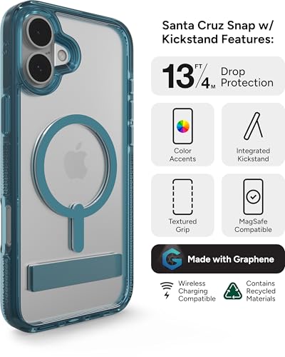 Image of ZAGG Santa Cruz Snap with Kickstand Case for iPhone 16 Plus - MagSafe Compatible, 13ft Military-Grade Drop Protection, Reinforced with Graphene, Slim Clear Case with Vibrant Color Accents, Retro Blue