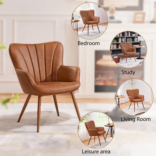 Yaheetech PU Leather Armchair, Modern Accent Chair with Metal Legs, Comfy Upholstered Barrel Chair for Living Room Bedroom Vanity Room, Brown - Image 7