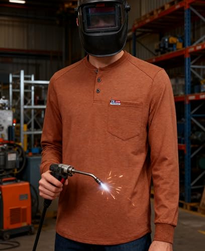 Image of BOCOMAL FR Shirts for Men Long Sleeve EX Soft Flame Resistant Henley CAT2 | NFPA2112 6oz Midweight Cotton Knit Heather Series,Moisture-Wicking /Breathable,Chest Pocket,Rib-Knit Cuffs,Summer Work T Shirt