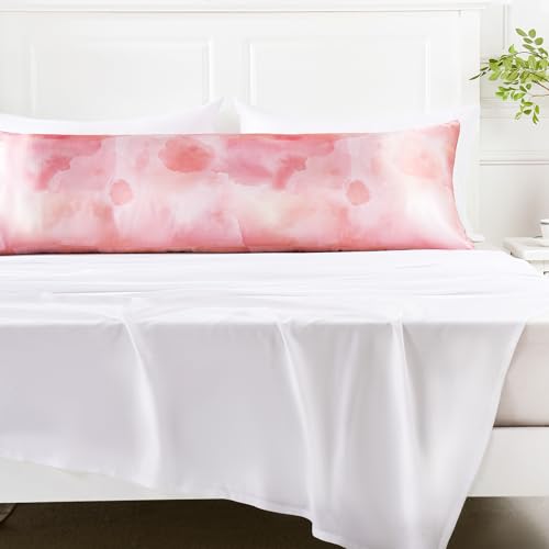 Image of MR&HM Satin Body Pillow Cover, Soft and Breathable Body Pillow Case with Envelope Closure, Cooling and Silky Long Pillowcase for Hair and Skin,Grey (20x54, Dream Pink)