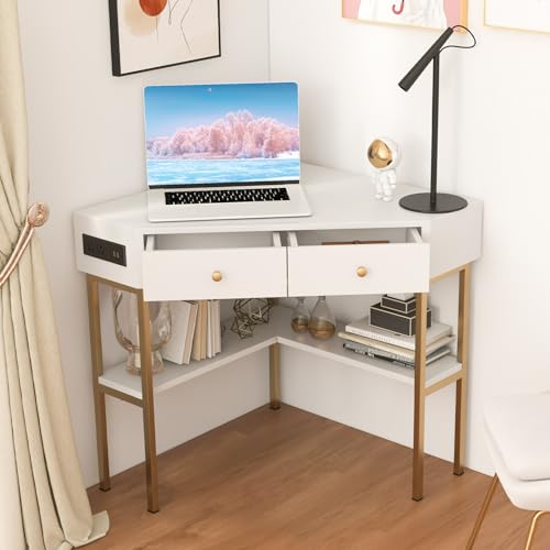IFANNY Corner Desk with Power Outlet, 90 Degrees Triangle Desk w/Storage Shelves and Drawers, Corner Makeup Vanity Table, Corner Desks for Small Spaces, Small Corner Desk for Bedroom, Study (White)