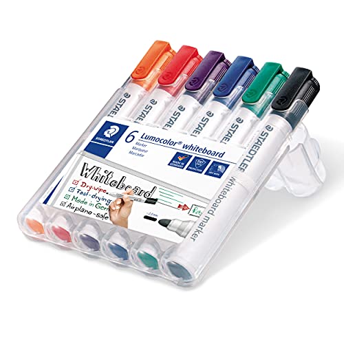 STAEDTLER Whiteboard Marker Lumocolor, trocken und rückstandsfrei abwischbar von Whiteboards, Rundspitze, ca. 2 mm Linienbreite, hohe Qualität, Set mit 6 Farben, 351 WP6