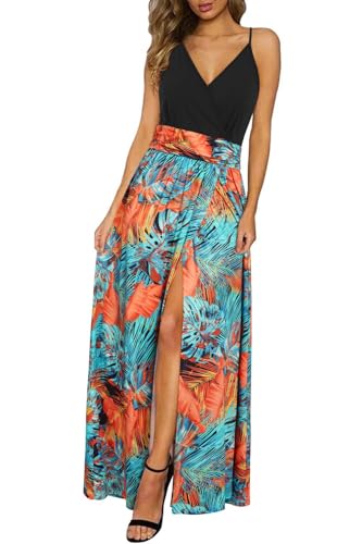 Newshows Women's 2025 Summer Maxi Dress Spaghetti Strap Spring Casual Boho V Neck Split Beach Long Flowy Dresses Trendy(Black Floral Blue Orange,M