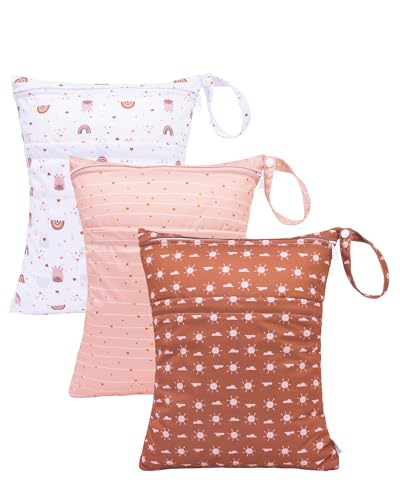Image of babygoal Wet Dry Bags for Baby Cloth Diapers, Washable Travel Bags, Beach, Pool, Gym Bag for Swimsuits & Wet Clothes with Two Zippered Pockets 3 Pack, 3LN16