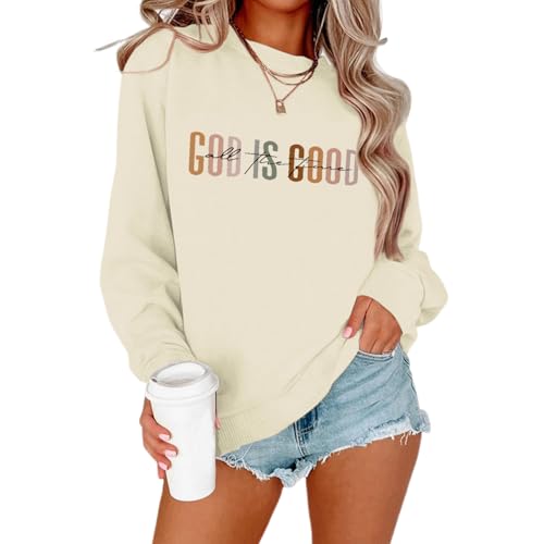 KIEKIECOO God is Good Sweatshirts for Women Christian Faith Sweatshirt Bible Verse Religious Long Sleeve Shirts Pullover(Apricot M)