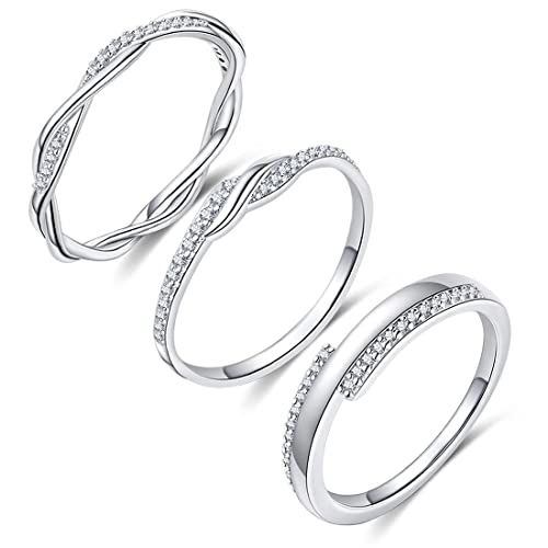 FUNEIA 3Pcs Bague Argent Femme Lot de Bague Zircone Cubique Solitaire Bagues pour Enfant Fille ado Bagues de Eternity Fiançailles Anneau d'Alliance Élégant Lot Bijoux...