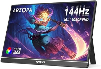 ARZOPA 16.1'' 144Hz Monitor Portátil con Kickstand, 106% sRGB 1920×1080P FHD HDR 144HZ Gaming Monitor, Ultra Delgado - Protección Ocular-Segunda Pantalla Externa para Laptop/PC/Mac/PS3/4/5/Xbox Z1FC