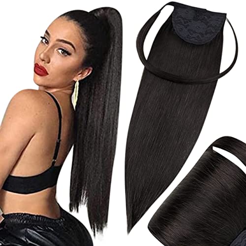 Hetto Black Ponytail Extensions Human Hair 14 Inch 70g Clip in Ponytail Hair Extensions #1B Natural Black Wrap Around Ponytail Human Hair Extensions