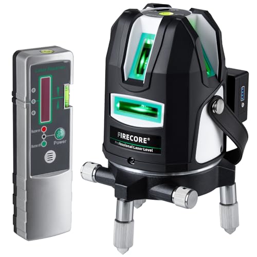 Firecore FGL-411G Niveau laser auto-nivelant à 5 lignes, niveau de chantier laser vert avec récepteur, Laser croisé rotatif avec point d'aplomb et étui de transport