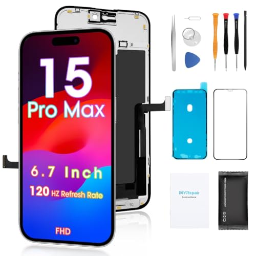 for iPhone 15 Pro Max Screen Replacement 6.7', 3D Touch Full HD Display Full Repair kit, Digitizer Assembly with Tools Set, Tempered Glass, Instruction(Black)