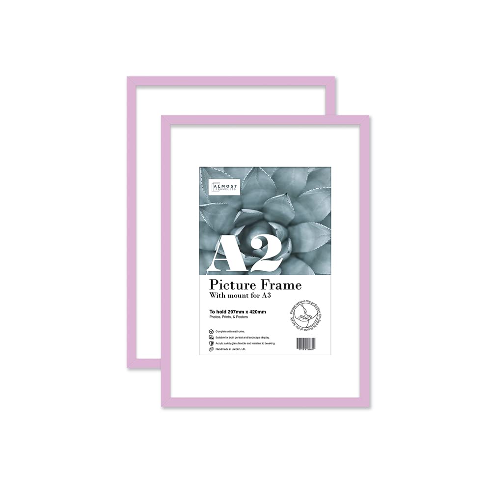Almost Frameless Lilac A2 Picture Frame Set Of 2, Display A3 Pictures With Mount Or A5 Without Mount Gallery Wall, Poster, Photo, Artwork, Or Print,