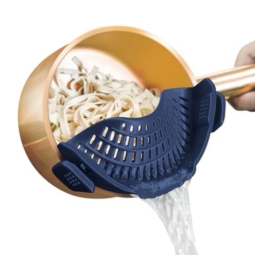 AUOON Clip On Strainer Silicone for All Pots and Pans, Pasta Strainer Clip on Food Strainer for Meat Vegetables Fruit Silicone Kitchen Colander (Navy)