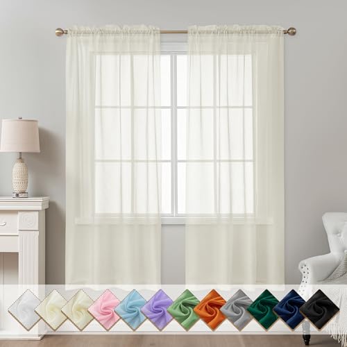 Image of Ivory Sheer Curtains 72 Inches Long, Privacy Semi Sheer Curtains for Living Room Bedroom, Light Filtering Rod Pocket Voile Window Drapes 2 Panels Set, Each 42 inch W x 72 inch L