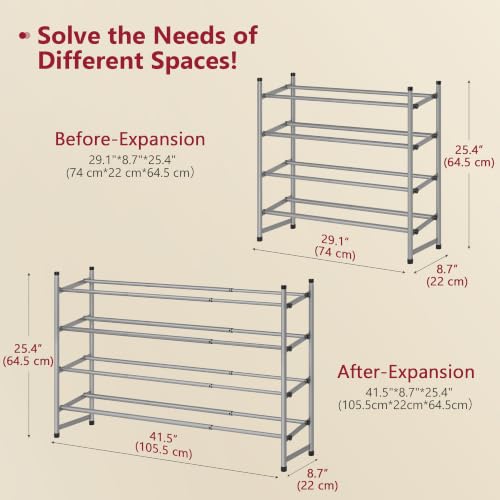 Image of Tajsoon Expandable Shoe Rack for Closet 4 Tier, 28 inch-41 inchStackable, Grey