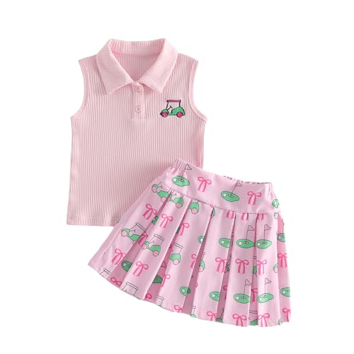 BeQeuewll Toddler Girls Summer Outfit Fashionable Sleeveless Golf Cart Embroidery Tops with Pleated Skirt 2Pcs Set (Pink, 3-4T)