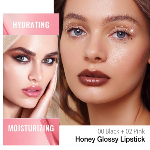 Image of Honey Lipstick Tinted Lip Balm - Shine Moisturizing Lipstick for Women, Natural Nourishing Hydrating Lip Color Gloss Stain for Dry Lips, Tint Sheer Lightweight Makeup, Vegan - 2Pc Black & Pink