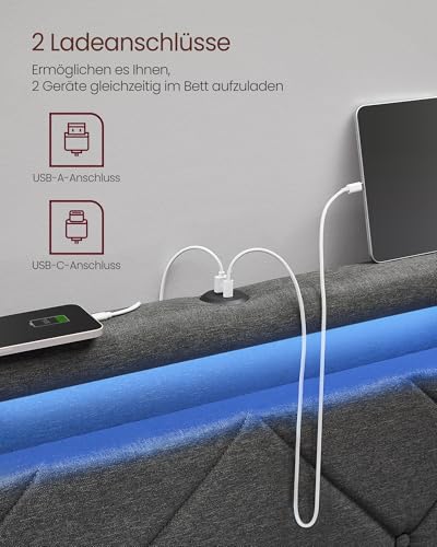 VASAGLE Doppelbettgestell, Bettgestell, passend für 140 x 200 cm Matratze, LED, Metallbett, 4 Schubladen, Ladestation, verstellbares gepolstertes Kopfteil, schiefergrau RMB827G02