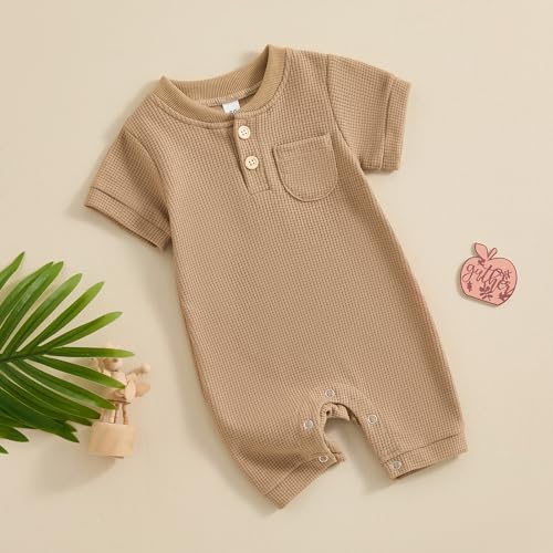 Kuriozud Newborn Baby Boy Girl Clothes Button Solid Short Sleeve Romper Jumpsuit Basic One Piece Outfits Baby Neutral Clothing Waffle Short Sleeve Khaki, 3-6 Months