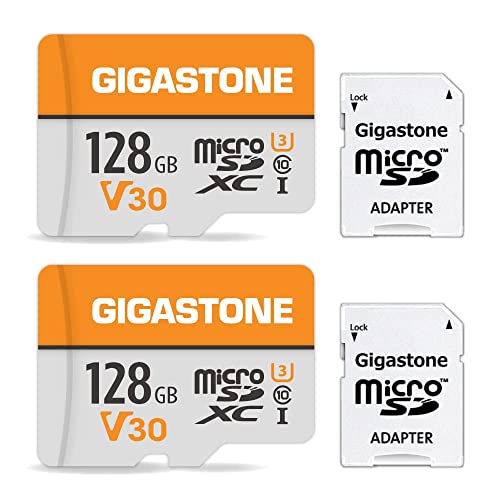 Gigastone - Tarjeta de Memoria (128 GB, Juego de 2 Tarjetas Micro SDXC con Mini Funda, Compatible con Gopro Cámara Drone Tableta Samsung Sony, Alta Velocidad para 4K UHD Video, A1 U3 C10