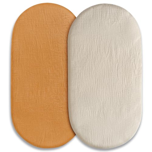 Image of Muslin Bassinet Fitted Sheets, 2 Pack for Baby Boy and Girl, Soft Breathable Stretchy Baby Pad/Mattress Sheet Set, Universal Fit for Hourglass Oval and Rectangle Bassinet Mattress (Elegant Colors)