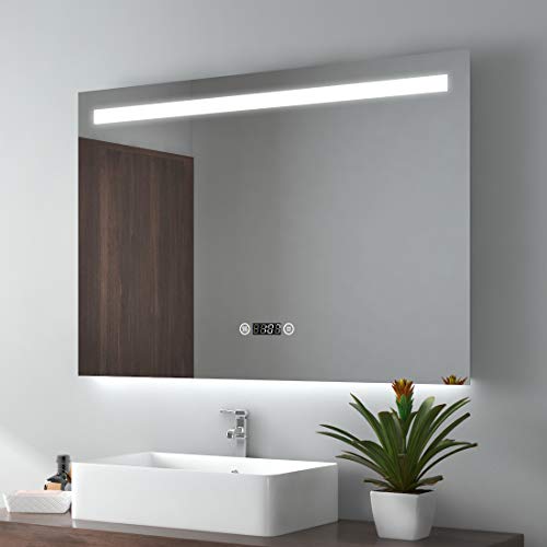 EMKE Espejo de Baño Espejo de baño Espejo LED Espejo de Pared con Interruptor Táctil+Antivaho+Reloj Digital,IP44,55W,Blanco Frío(100x70cm)