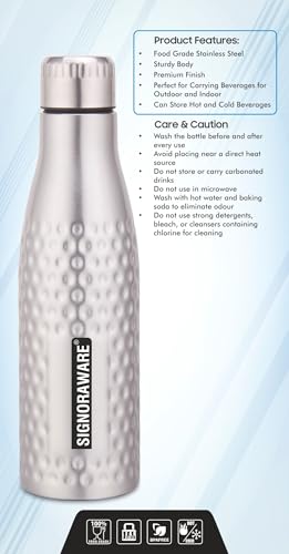 Image of Signoraware Aace Hammered Stainless Steel Single Walled Bottle | Airtight & Leakproof | LightWeight | Easily fit Into bags | Great for School, Office, Home, Gym & Travel Use | (1 Ltr | Steel)