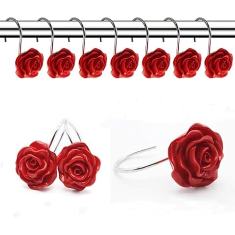 FINROS 12 PCS Home Fashion Decorative Anti Rust Shower Curtain Hooks Rose Design Shower Curtain Rings Hooks (RED) Cover