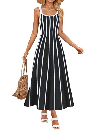 ZESICA Womens 2025 Summer Sleeveless Striped Midi Dresses Casual A Line Swing Knit Long Dress Beach Vacation Clothes