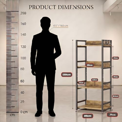 Image of TEKAVO Jeni 4-Tier Kitchen Organizer Rack|Multipurpose Microwave Stand for Kitchen Platform & OTG Oven|Steel Utensils Storage Shelf with Hooks | Forest Wood, Metal (60x39x130 cm) | DIY