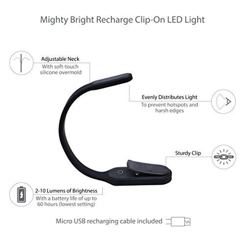 The Original Mighty Bright Recharge Clip On Rechargeable Book Light Reading Light, Warm Eye Care Leds, Flexible, Durable, Dimmable, Perfect For Kids, Bookworms, Reading In Bed, Lasts 60 Hours (Black) #TOP1