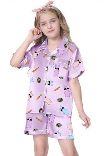Image of Schbbbta Girls Womens Pajamas, Satin Silky Pjs Set Kids 2Pcs Button-Down Nightwear Sleepwear Gift for Mommy and me
