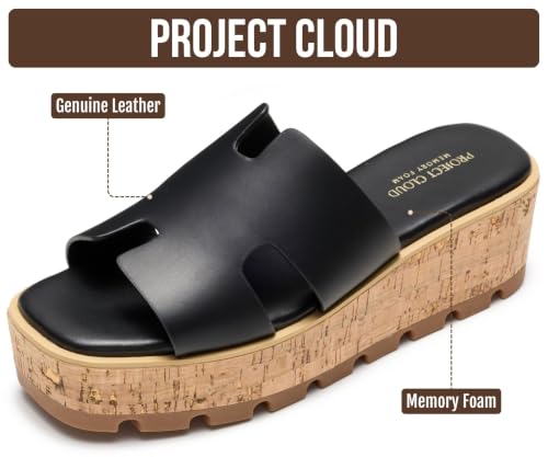Image of Project Cloud 100% Genuine Leather Wedge Platform Sandals Women Footwear - Memory Foam Insole and Non-Slip Platform Slides for Women - Lightweight Womens Sandals (MILA,BLKLEA,7.5M)