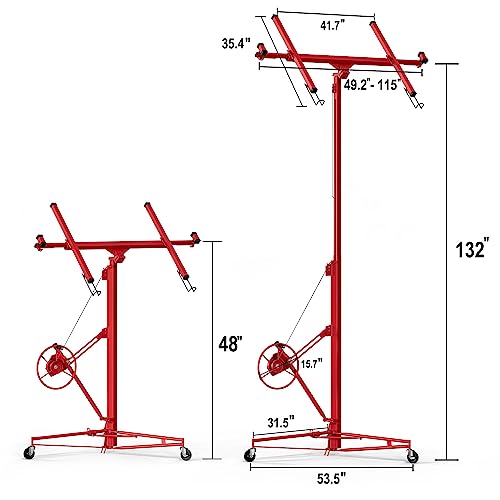 Drywall Lift Panel 11\' Lift Drywall Panel Hoist Jack Lifter Jack Rolling Caster Wheel Sheetrock Drywall Lift Construction Tools for Ceiling - Red