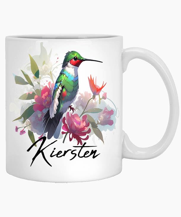 Hummingbird Mug, Custom Name Kiersten 11oz White Mug Coffee Mug, Bird Lover Gift, Hummingbird Art, Cute Coffee Mug Mug for Mom, Sister, Aunt, Girlfriend, Her in Birthday 11 Oz White Ceramic 952275